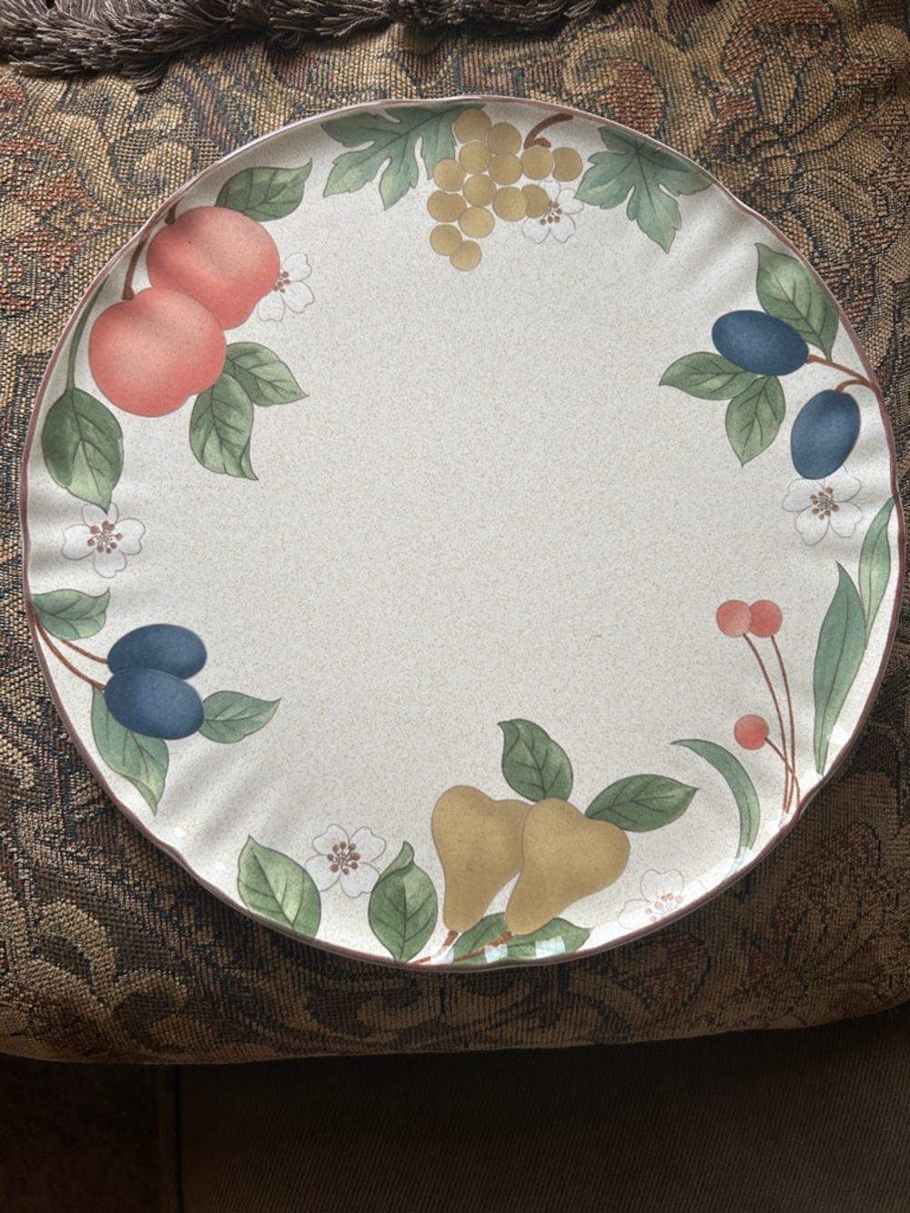 Fruit Motif Ceramic Cake Plate - Cream with Multicolor Fruit Design